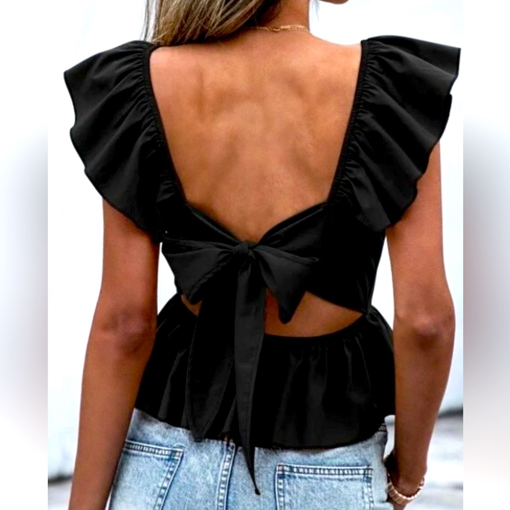 Black Contemporary minimalist Ruffle Sleeve Peplum Tie Back Blouse